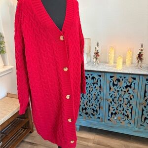 Red Cable Knit Cardigan Sweater